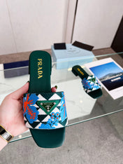 PRA EMBROIDERED SLIDES FLAT CASTLETON GREEN FABRIC