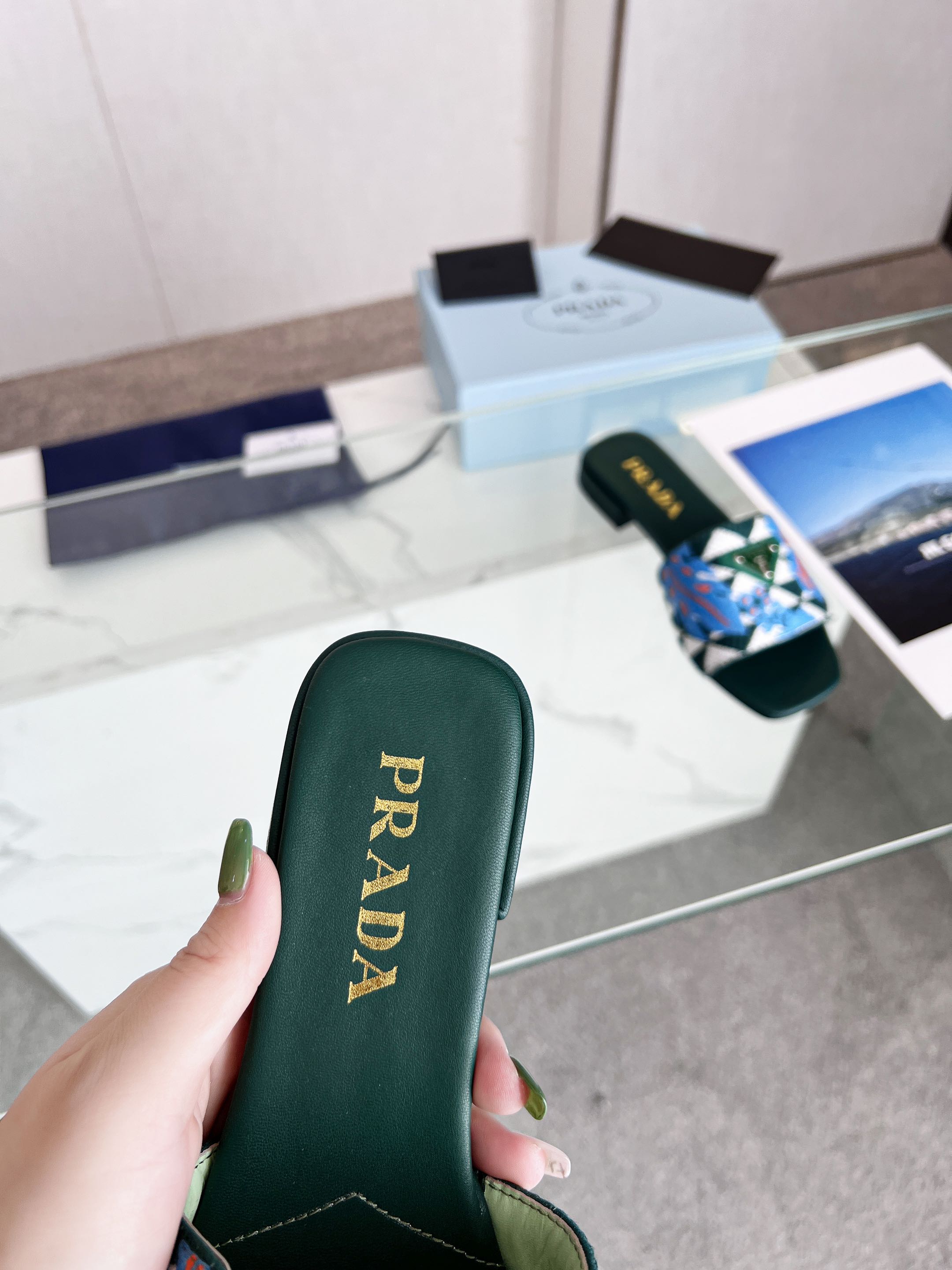 PRA EMBROIDERED SLIDES FLAT CASTLETON GREEN FABRIC