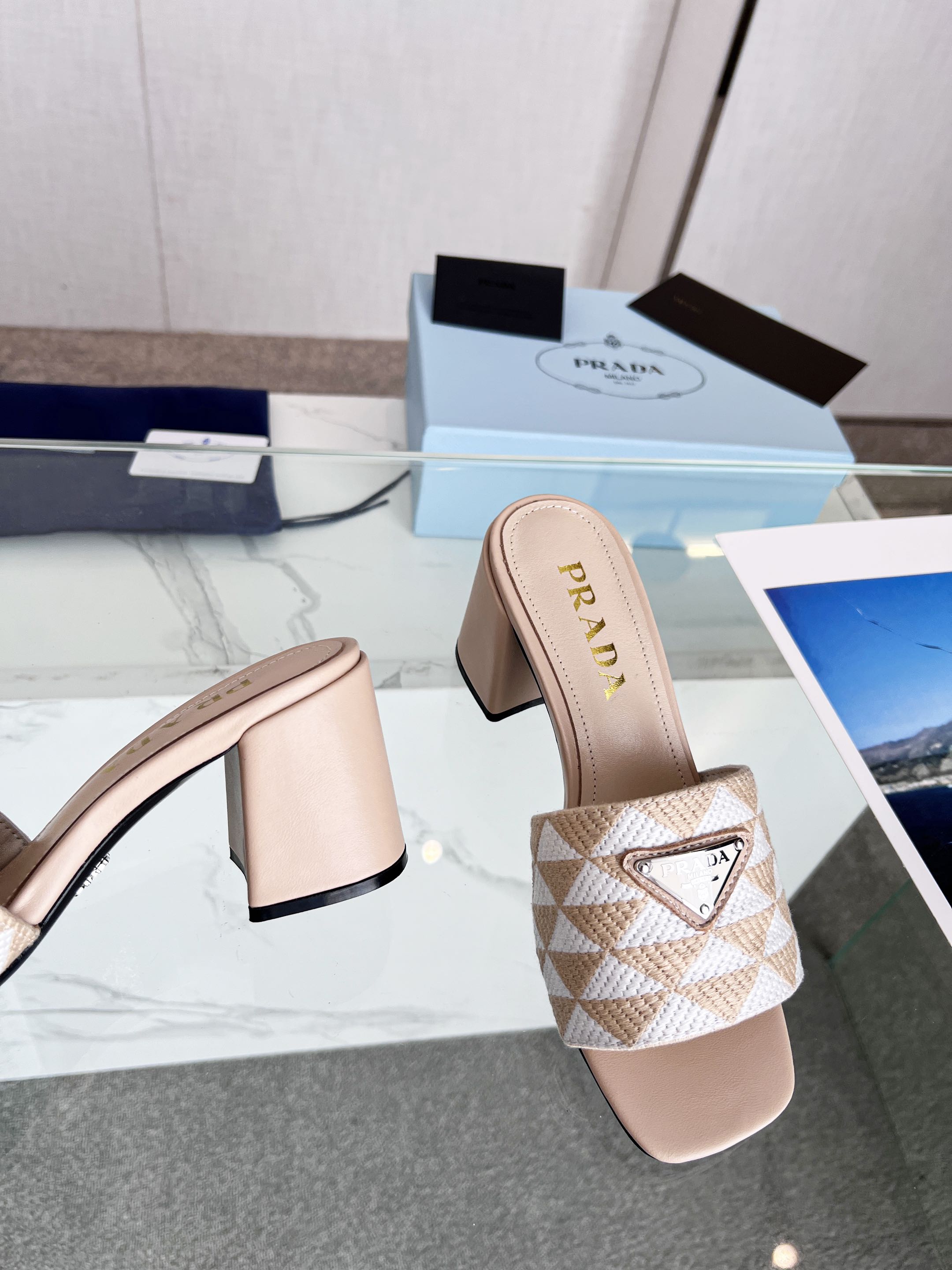 PRA EMBROIDERED SLIDES 65 BEIGE FABRIC