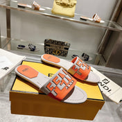 FF Women Roma Signature Orange Grey Canvas Leather Slide