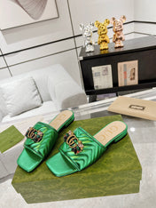 GG SPARKLE CRYSTAL SLIDE SANDAL METALLIC GREEN CALFSKIN