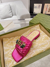 GG SPARKLE CRYSTAL SLIDE SANDAL METALLIC PINK CALFSKIN