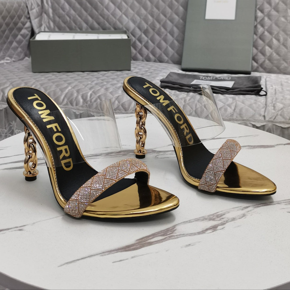 CRYSTAL HIGH HEEL MULE 10 CM IN GOLD LAMBSKIN