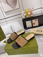 GG EXCLUSIVE SLIDE SANDAL BLACK AND BROWN FABRIC