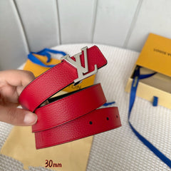 LV Initiales 30mm Reversible Belt Silver Buckle Red Black Leather