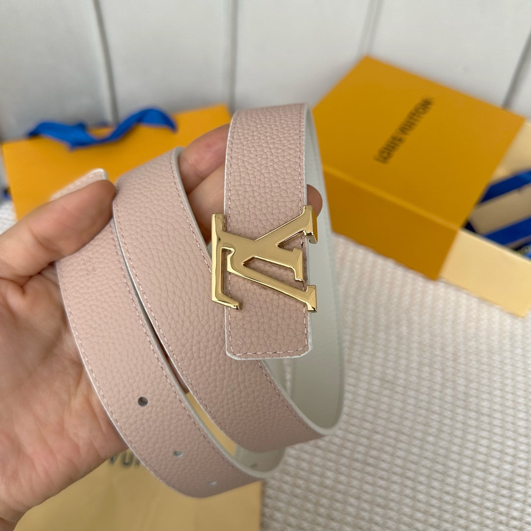 LV 30 MM BELTS IN WHITE AND PINK PASTEL CALFSKIN GOLD HARDWARE
