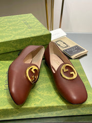 BLONDIE LOGO-PLAQUE LOAFERS IN SYRUP BROWN CALFSKIN WITH GOLD HARDWARE