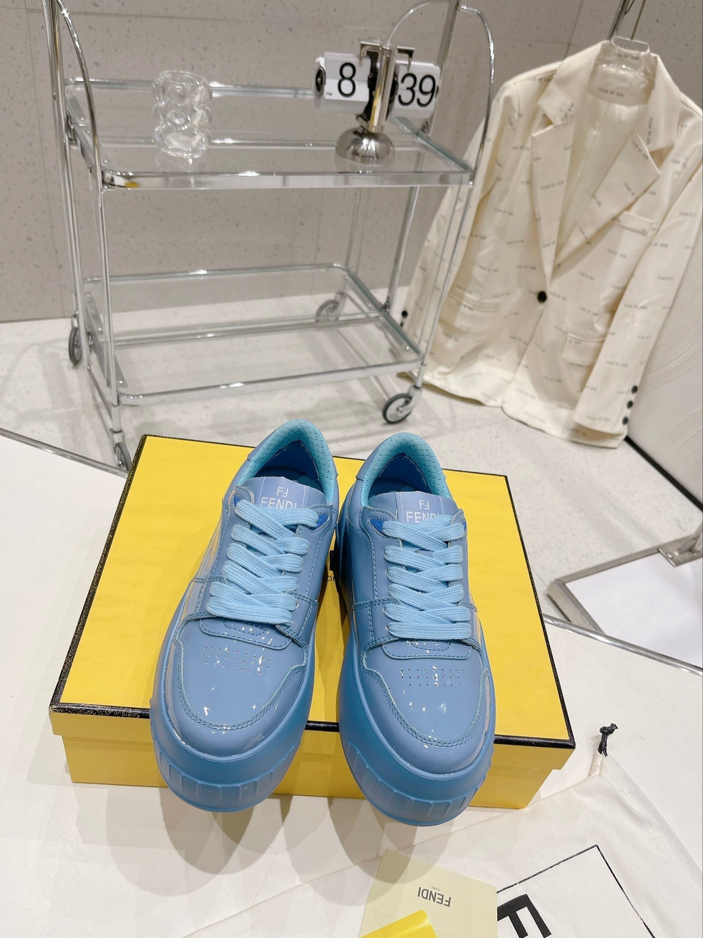 FENDI LOW-TOP TRAINER IN CERULEAN BLUE CALFSKIN