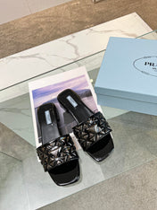 PRA EMBROIDERED SLIDES FLAT BLACK CALFSKIN