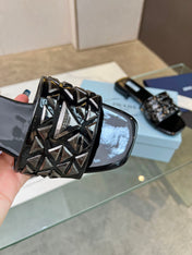 PRA EMBROIDERED SLIDES FLAT BLACK CALFSKIN