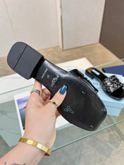 PRA EMBROIDERED SLIDES FLAT BLACK CALFSKIN