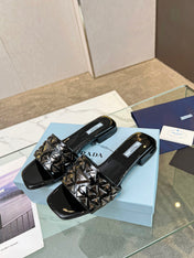 PRA EMBROIDERED SLIDES FLAT BLACK CALFSKIN
