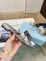 PRA EMBROIDERED SLIDES FLAT SILVER CALFSKIN