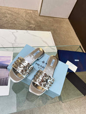 PRA EMBROIDERED SLIDES FLAT SILVER CALFSKIN