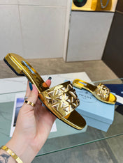 PRA EMBROIDERED SLIDES FLAT METALLIC GOLD CALFSKIN