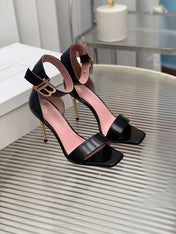 BALMAIN 25S B STRAP HIGH HEEL SANDALS 95MM IN BLACK GLOSSY CALFSKIN