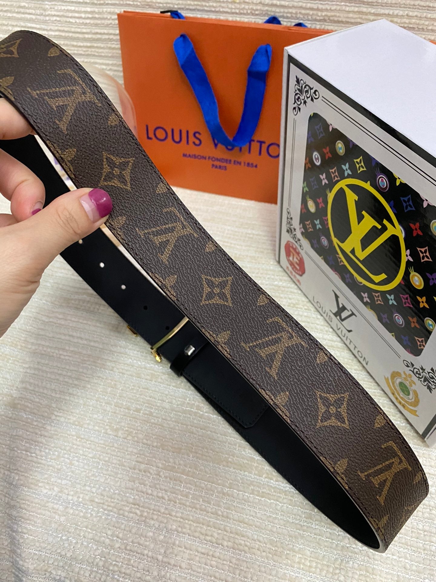 LV 25S BELT 38 MM IN DARK BROWN CALFSKIN PRINT PATTERNS 593286