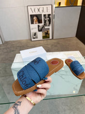 WOODY MULE IN COBALT BLUE DENIM WITH EMBROIDERED LOGO