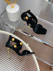 BALMAIN 25S CROSSOVER STRAP HIGH HEELS 95MM IN BLACK SUEDE