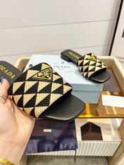 PRA EMBROIDERED SLIDES FLAT BLACK AND BEIGE FABRIC