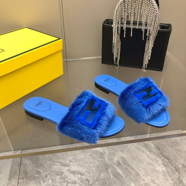 FENDI BAGUETTE MINK SLIDE SLIPPER IN AZURE BLUE FUR