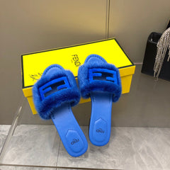 FENDI BAGUETTE MINK SLIDE SLIPPER IN AZURE BLUE FUR