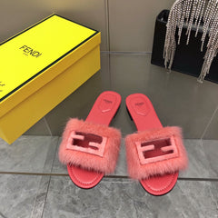 FENDI BAGUETTE MINK SLIDE SLIPPER IN ROSE RED FUR