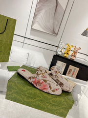 HORSEBIT FLOWER SLIPPER MULE IN LINEN BEIGE MONOGRAM JACQUARD FABRIC