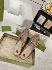 HORSEBIT FLOWER SLIPPER MULE IN DARK BEIGE MONOGRAM JACQUARD FABRIC