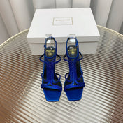 BALMAIN 25S MONETA SANDAL 95MM IN DARK BLUE CALFSKIN WITH CRYSTAL