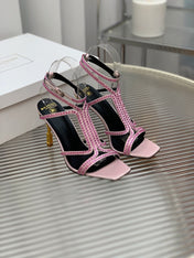 BALMAIN 25S MONETA SANDAL 95MM IN LAVENDER PINK CALFSKIN WITH CRYSTAL