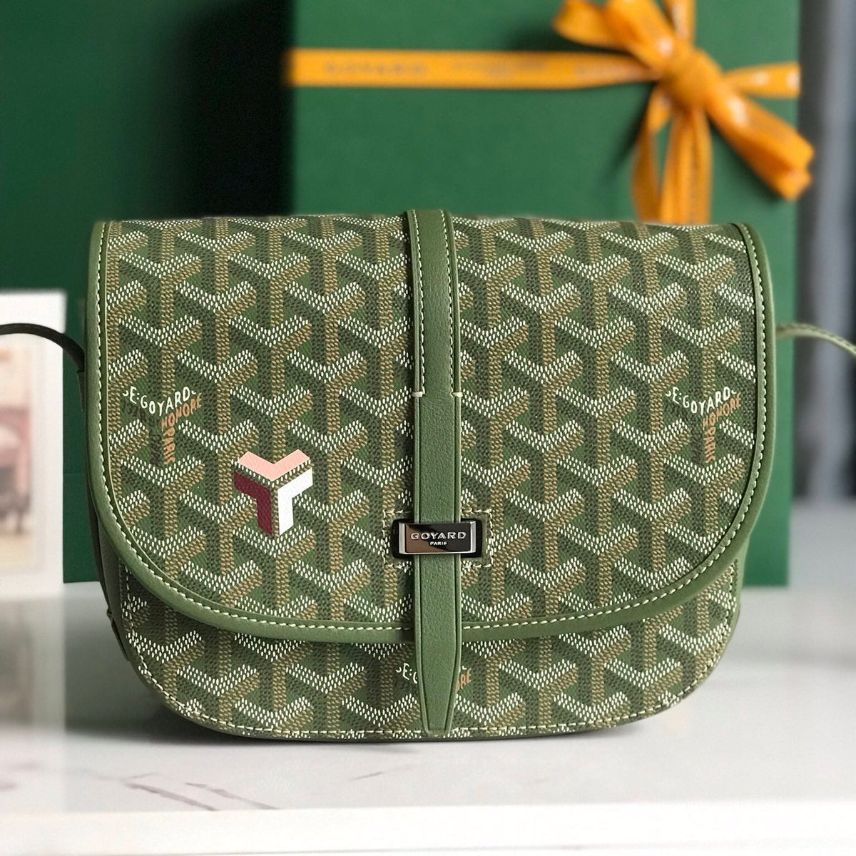 BELVEDERE MM BAG 21 IN GREEN GOYARDINE CANVAS AND CALFSKIN