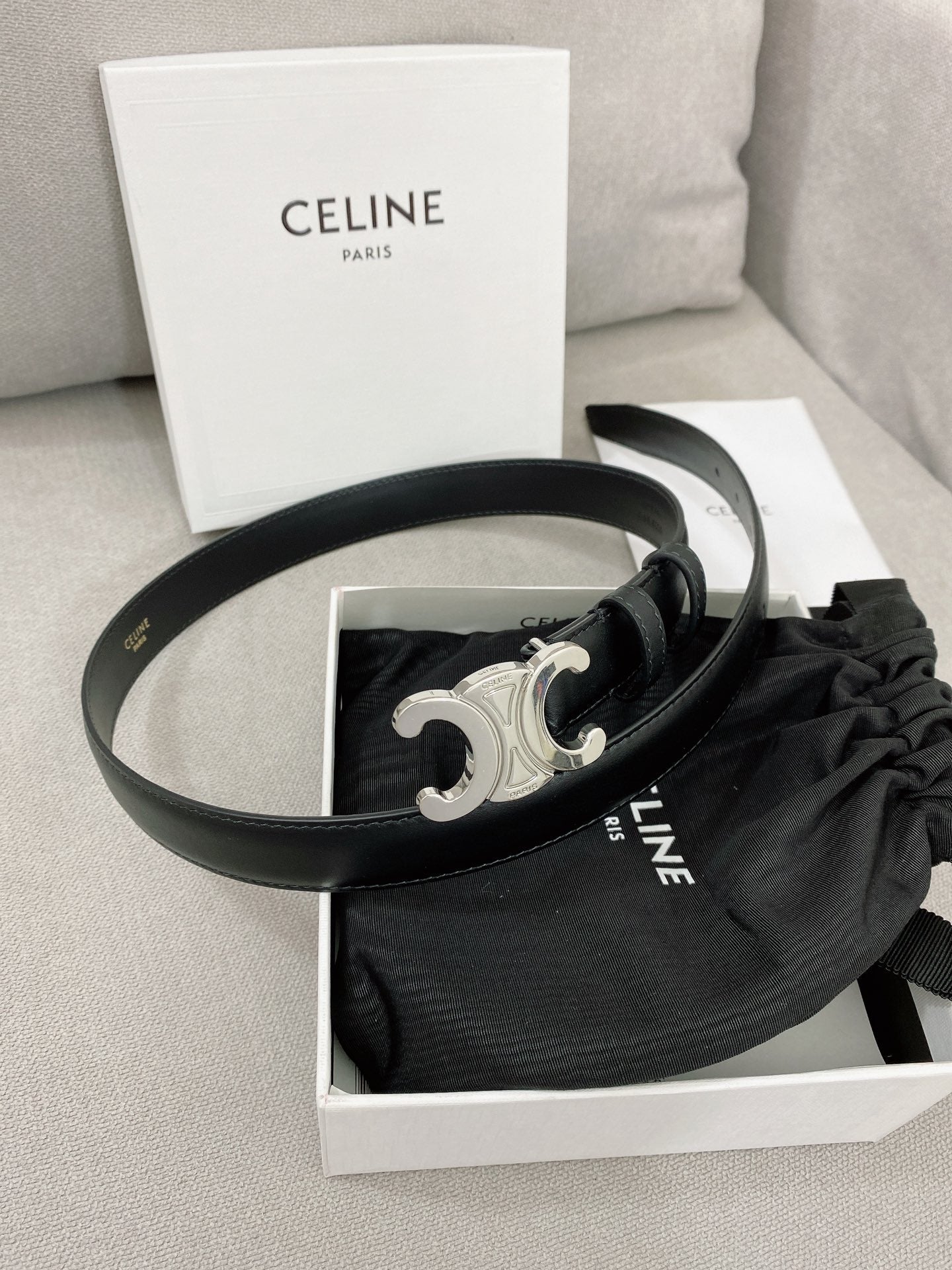 CELINE 25S TRIOMPHE BELT 25MM IN BLACK CALFSKIN SILVER HARDWARE 580680