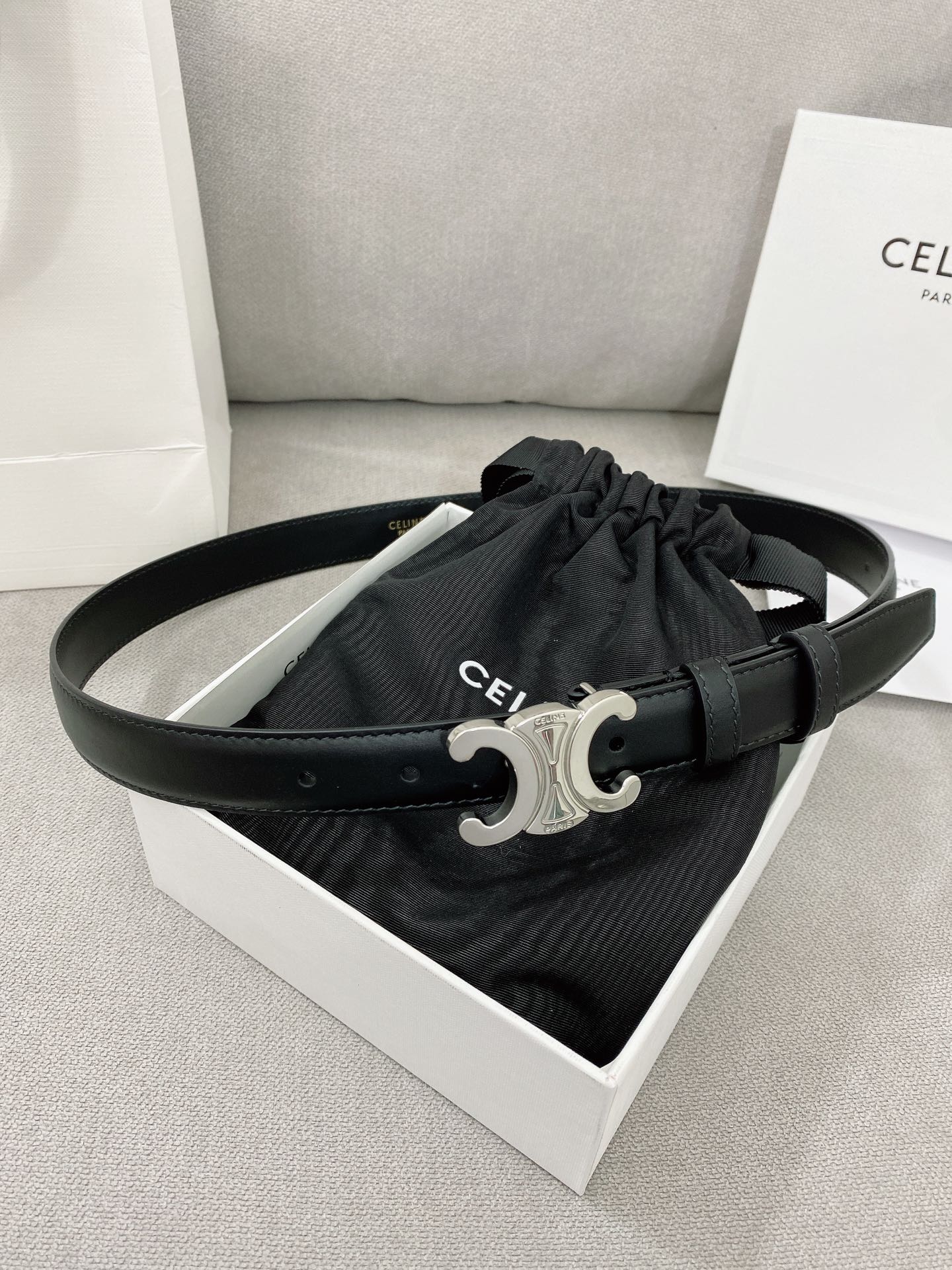 CELINE 25S TRIOMPHE BELT 25MM IN BLACK CALFSKIN SILVER HARDWARE 580680