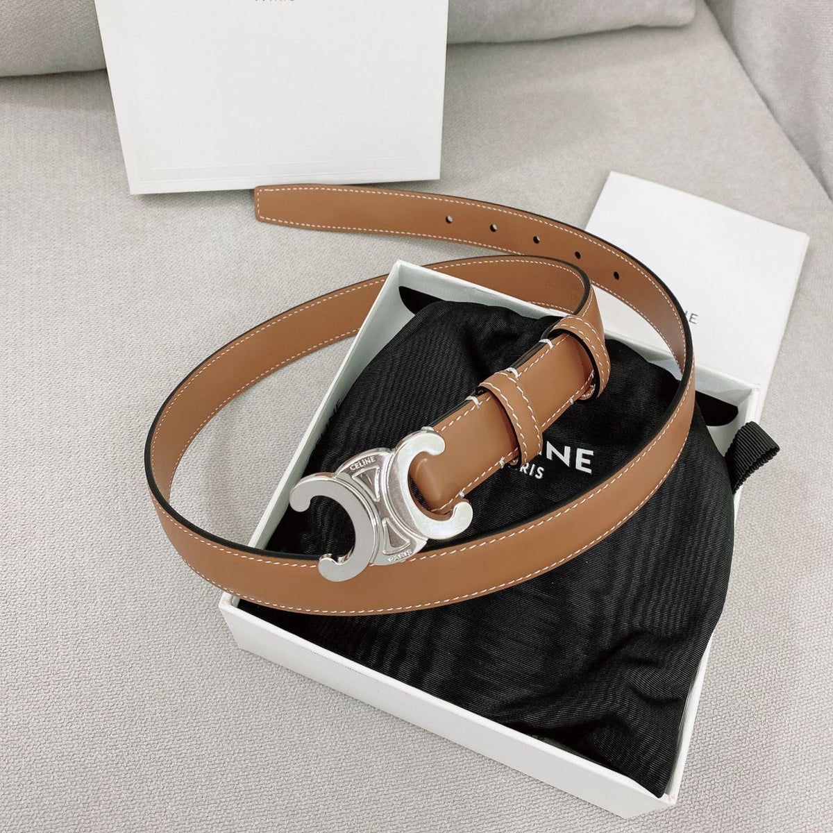 CELINE 25S TRIOMPHE BELT 25MM IN BROWN CALFSKIN SILVER HARDWARE 580678