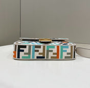 BAGUETTE CANVAS 27 BAG WHITE STRAP WITH MULTICOLOUR EMBROIDERY GOLD HARDWARE