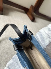 MINI WOODY TOTE BAG 20 IN BLUE DENIM BLACK CALFSKIN