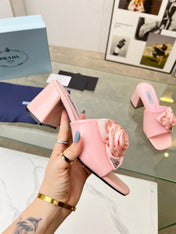 PRA FLOWER BLOCK HEELS 75 LIGHT PINK CALFSKIN