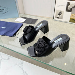 PRA FLOWER BLOCK HEELS 75 BLACK CALFSKIN