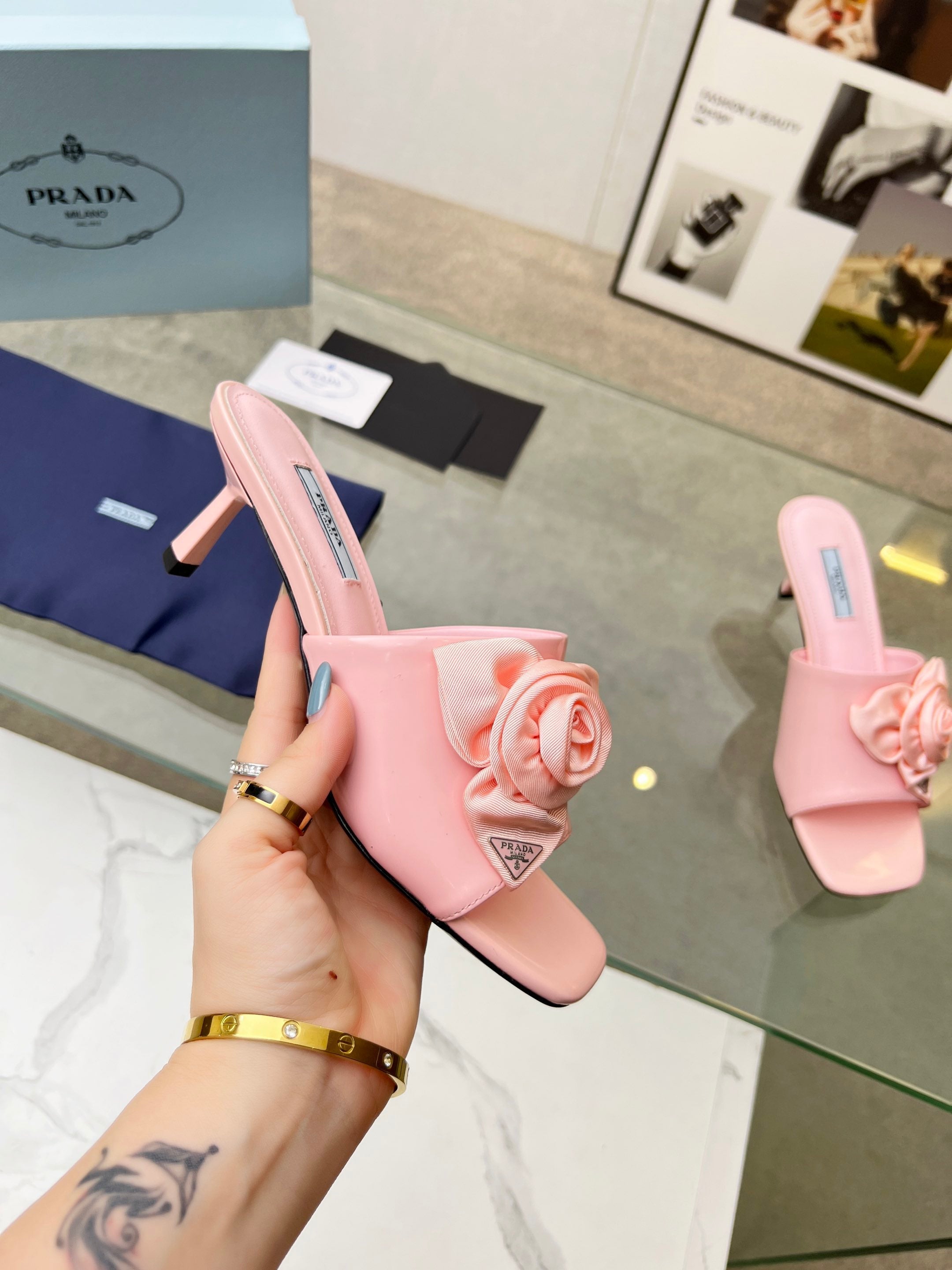 PRA FLOWER POINTED HEELS 55 LIGHT PINK CALFSKIN