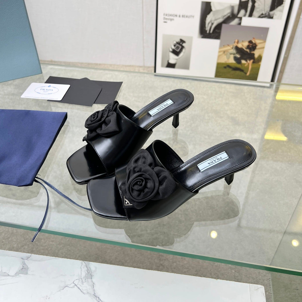 PRA FLOWER POINTED HEELS 55 BLACK CALFSKIN