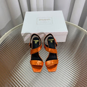 BALMAIN 25S HIGH HEEL SANDALS 95MM IN BURNT ORANGE GLOSSY CALFSKIN