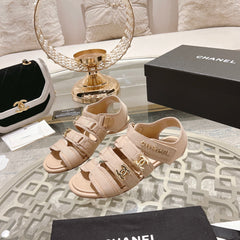Double C  Xiaoxiang Chain Fabric Head Chunky Sandal Cream Lambskin