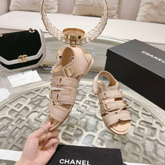 Double C  Xiaoxiang Chain Fabric Head Chunky Sandal Cream Lambskin