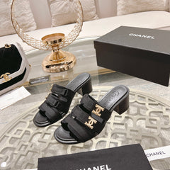 Double C  Xiaoxiang Chain Fabric Head Chunky High Heel Black Lambskin