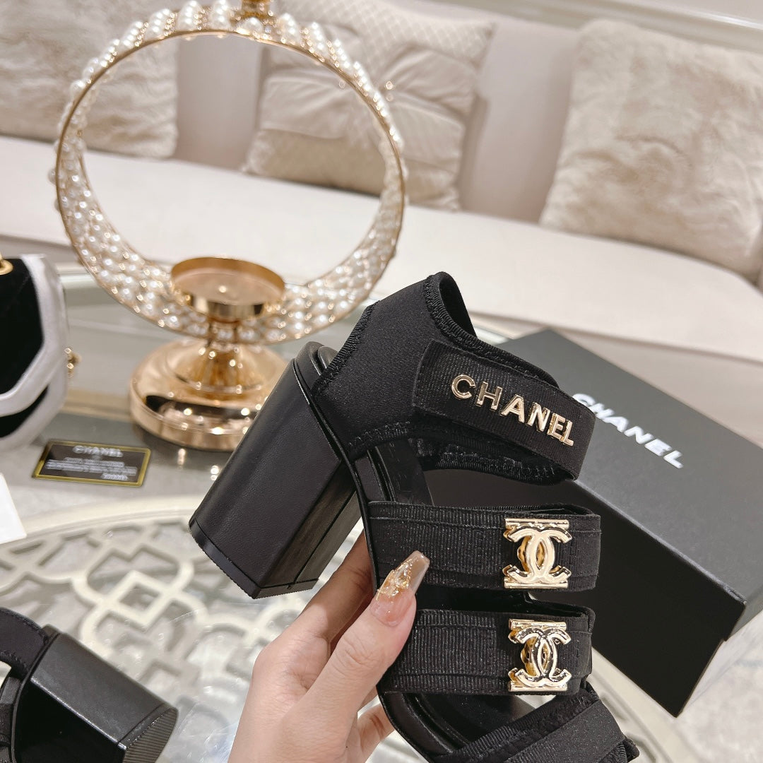 Double C  Xiaoxiang Chain Fabric Head Chunky Heel Sandals Black Lambskin