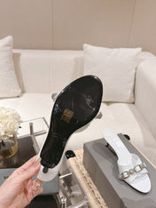 BALENCIAGA 25S HIGH-HEEL SANDALS IN WHITE COW LEATHER WITH RHINESTONE STRAP