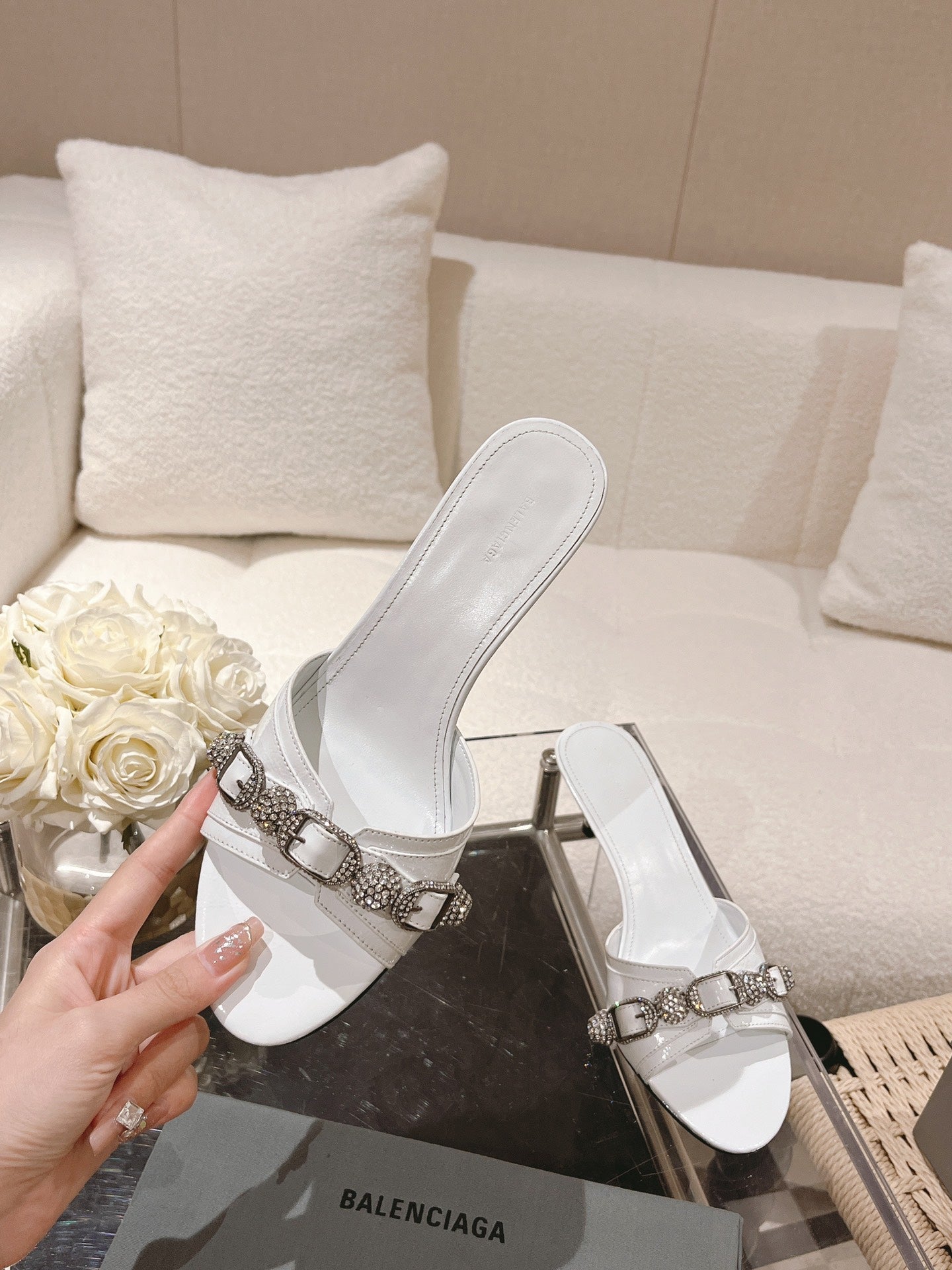 BALENCIAGA 25S HIGH-HEEL SANDALS IN WHITE COW LEATHER WITH RHINESTONE STRAP