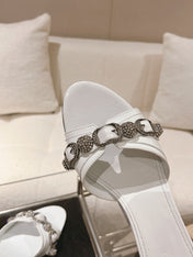 BALENCIAGA 25S HIGH-HEEL SANDALS IN WHITE COW LEATHER WITH RHINESTONE STRAP