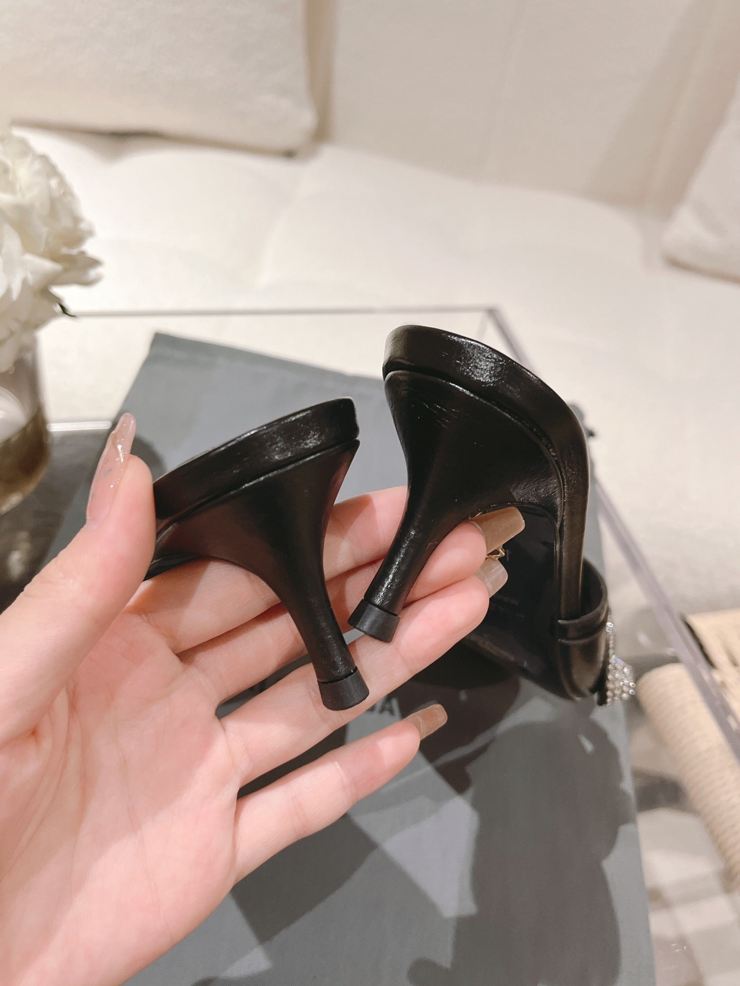 BALENCIAGA 25S HIGH-HEEL SANDALS IN BLACK COW LEATHER WITH RHINESTONE STRAP